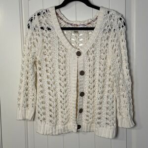 Decree Cream Open Knit Crochet Cardigan Button Up Sweater XL Boho 3/4 Sleeve